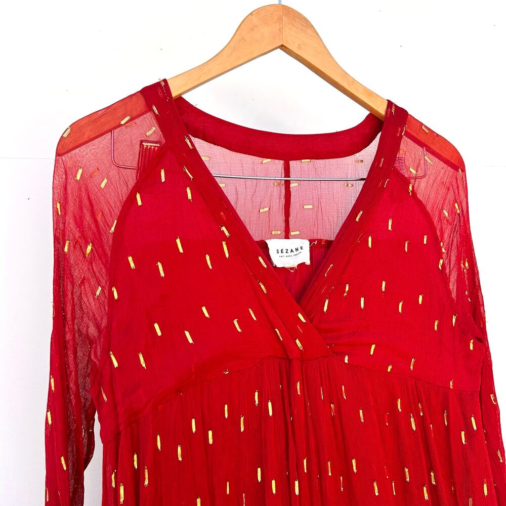 Sezane Celeste Maxi Dress Long Sleeve Red Sheer Bohemian Boho 36 Size 4 - Picture 7 of 10